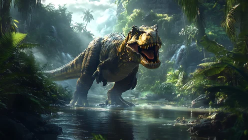 Roaring tyrannosaurus stalks a misty jungle river gorge