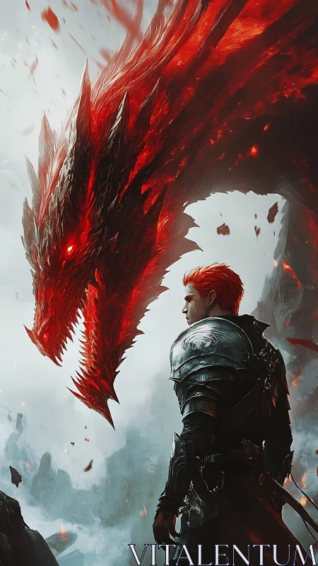 Armored red-haired warrior confronts spectral ember dragon