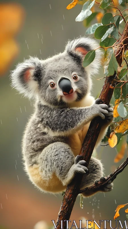 Playful koala clings to a leafy branch in soft autumn rain
