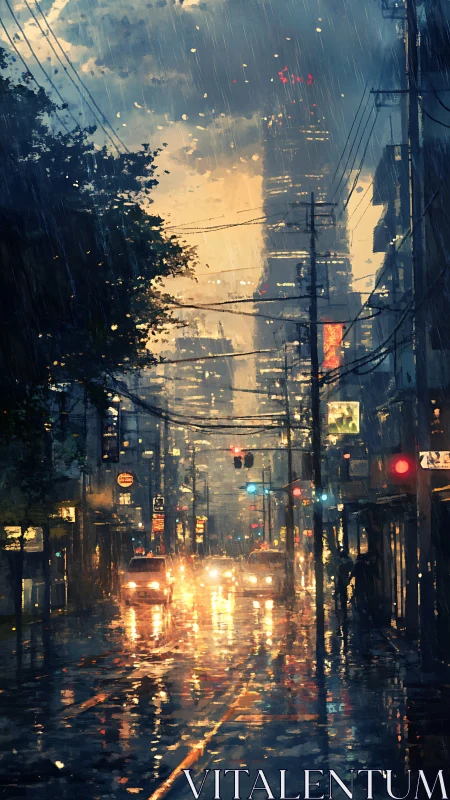 Rain-soaked city avenue glowing in twilight reflections.