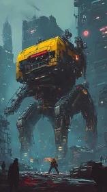 Giant yellow mech towering over cyberpunk city street.