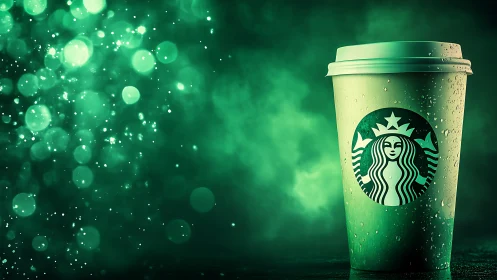 Branded coffee cup against green bokeh background.