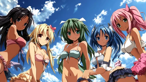 Colorful anime beach girls pose under vivid summer sky.