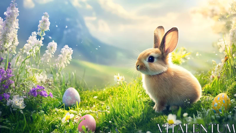 Young rabbit in luminous spring meadow with Easter motifs