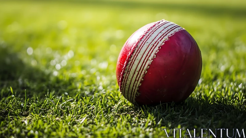Crimson cricket ball on turf under shallow depth-of-field illumination.
