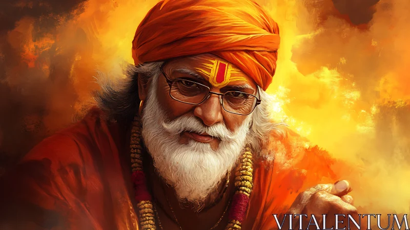 Elderly bearded man in orange garments against glowing backdrop.