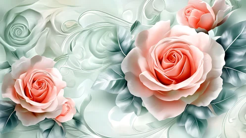 Coral Roses with Sage Green Swirls in Soft 3D Render.