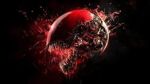 Cracked red sphere with splashing metallic abstract form.