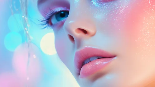 Close-up digital portrait with iridescent glitter makeup.