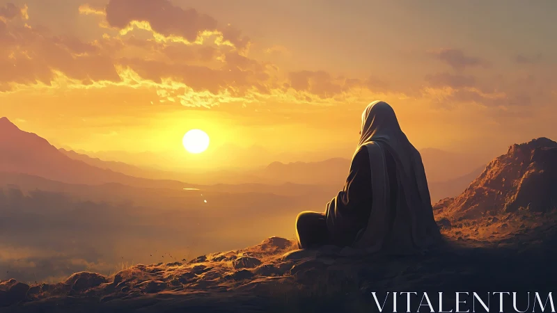 Solitary robed figure contemplates a vast golden sunset.