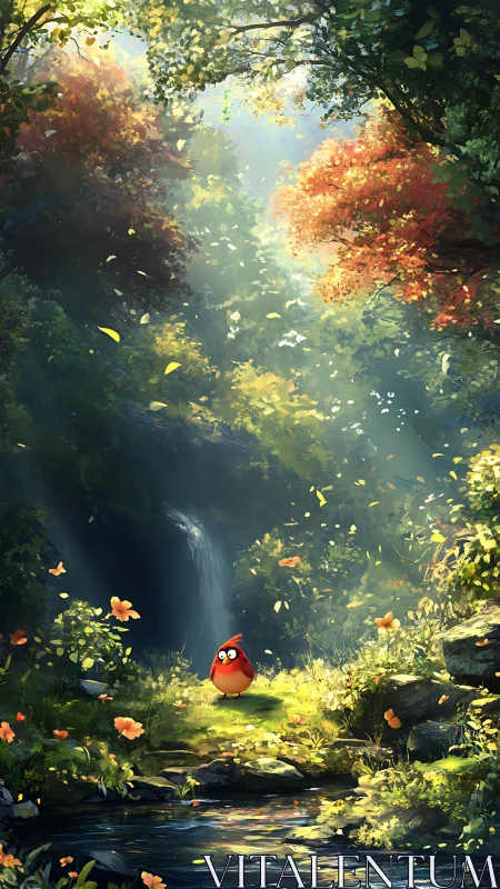 Little Red Bird Discovers an Enchanted Forest Stream.