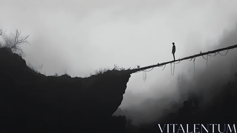 Solitary figure standing on narrow cliff bridge in misty void