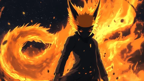 Masked anime figure stands before swirling fox-shaped fire