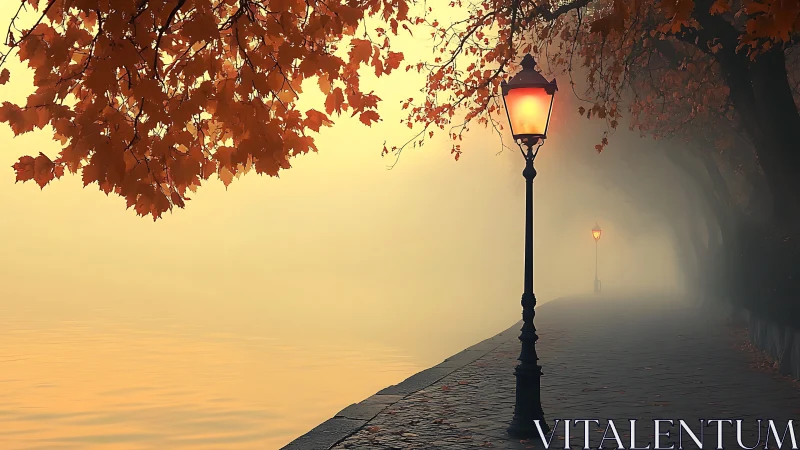 Golden foggy riverside path with softly glowing lampposts.
