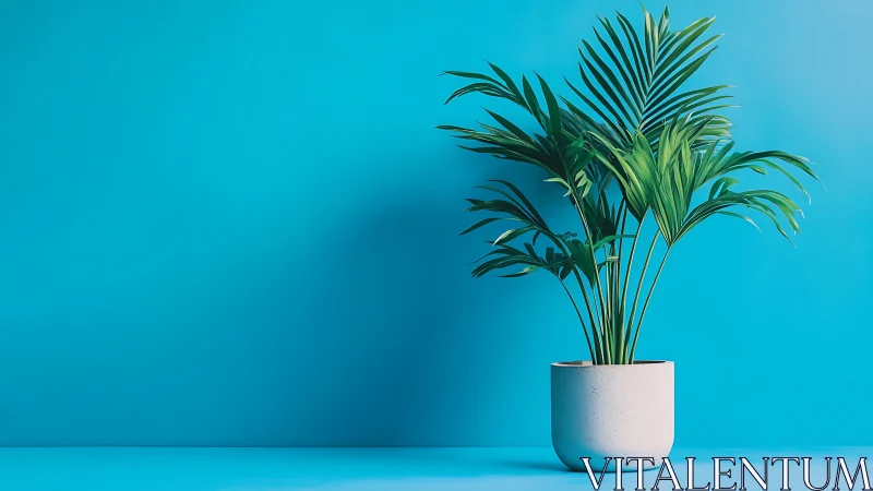 Modern palm houseplant in minimalist cyan interior scene.