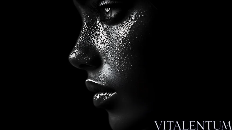 Side profile portrait with wet textured metallic skin.