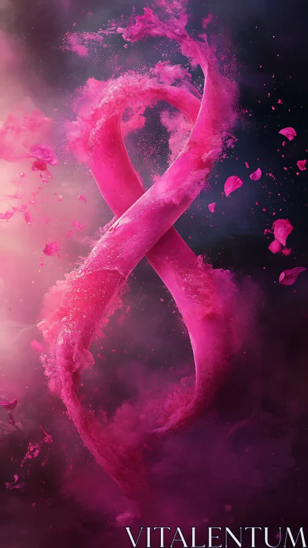 Blazing pink ribbon vortex in swirling cosmic mist.