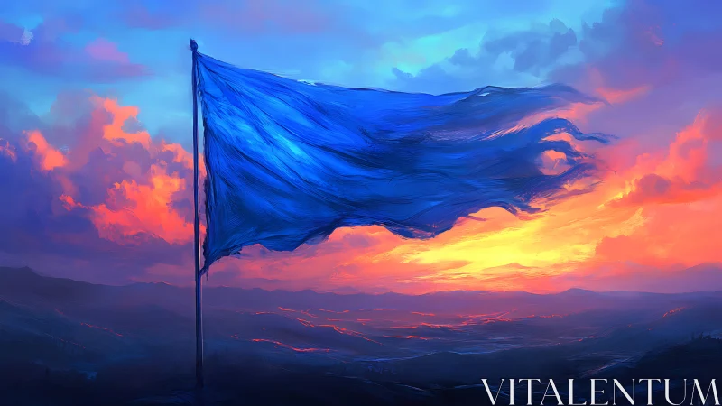 Blue flag tears across vivid sunset sky above dark hills