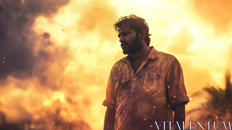 Soot-Streaked Drifter Against a Sky of Relentless Fire.