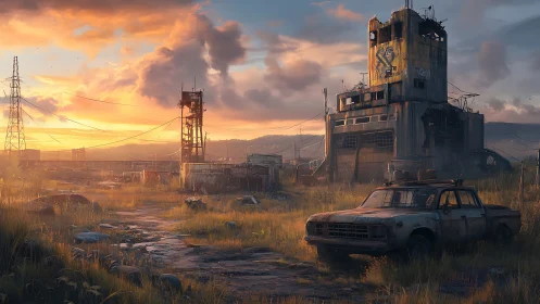 Deserted industrial outpost under burning sunset sky.