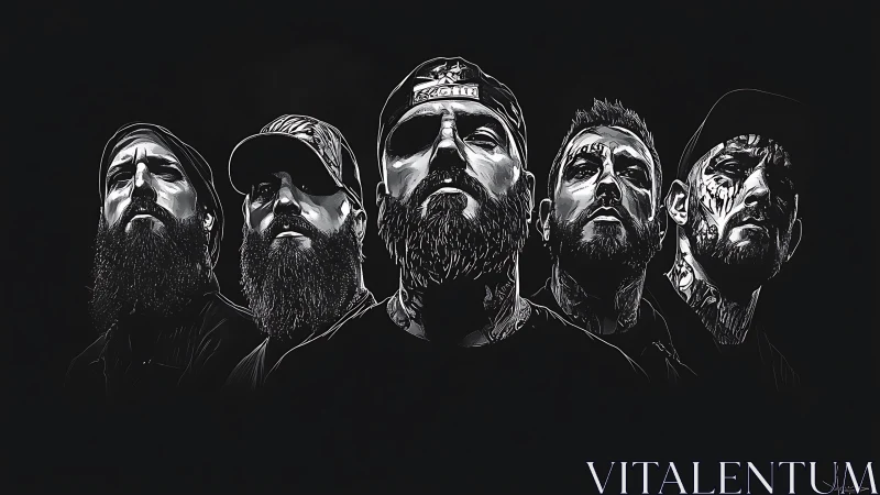 Bold bearded band portrait glowing from the dark night.