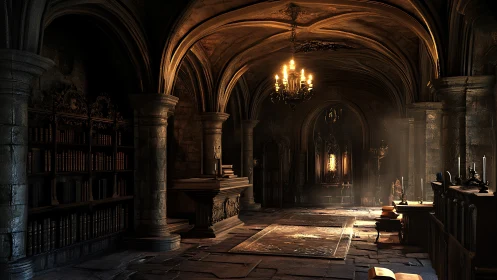 Candlelit gothic library hall where quiet spells gather dust.