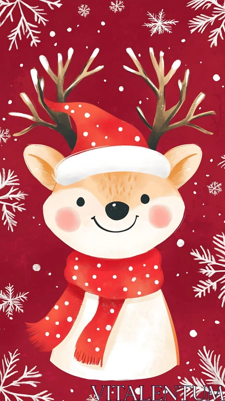 Smiling cartoon reindeer wears red Santa hat and scarf