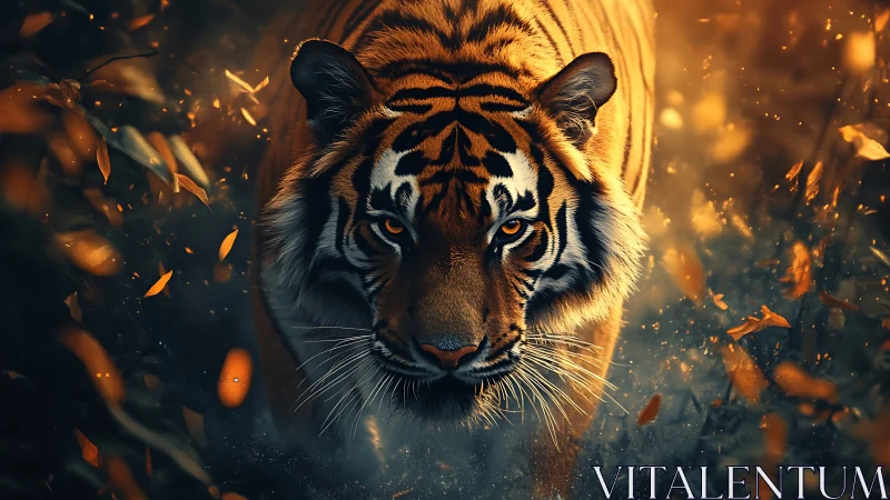 Majestic tiger advances through fiery twilight forest.
