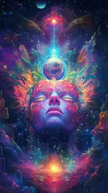 Cosmic mind awakening in radiant galactic dreamscape.