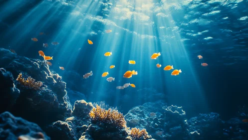 Sunlit coral reef where bright orange fish drift peacefully.
