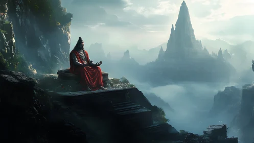 Mountain deity in red meditates above misty valley.