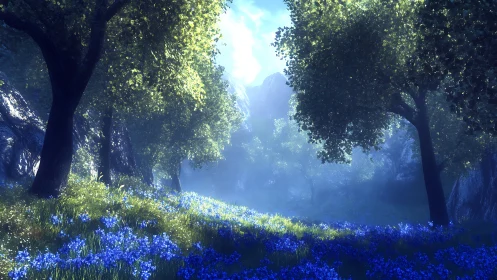 Cerulean Cathedral: Where Sapphire Blooms Whisper to Ancient Giants.