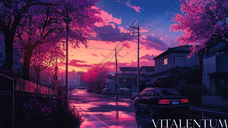 Neon dusk over wet suburban street with cherry blossoms and car