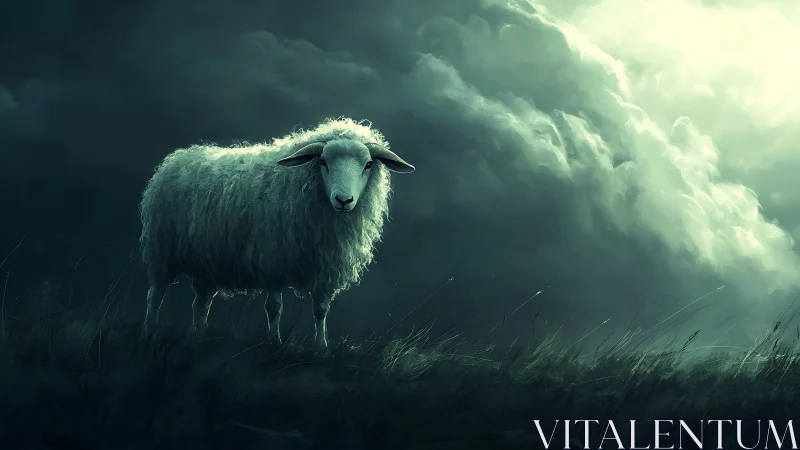 Lone sheep stands beneath storm-lit, swirling sky at dusk.