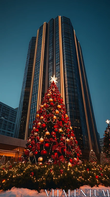 Urban plaza Christmas tree before glass high-rise at blue hour