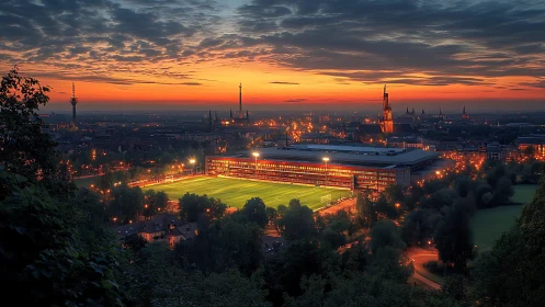 Illuminated urban football stadium contrasts with dusk skyline