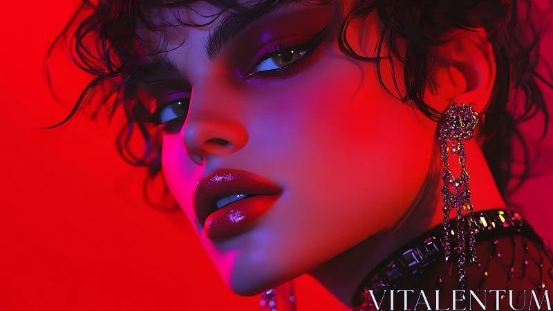 Close-up portrait in red and magenta studio lighting.