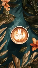 Latte art oasis framed by lush tropical foliage.