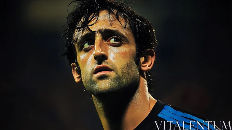 Floodlit footballer portrait under dramatic stadium light.
