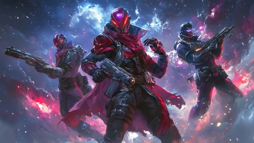 Cyber warriors stride through nebula storm with rifles drawn