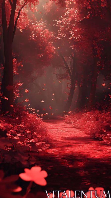Crimson Forest Path with Luminous Blooms.