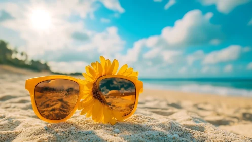 Yellow sunglasses and flower rest on bright tropical beach