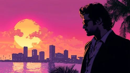 Silhouetted man overlooks neon city skyline at sunset scene