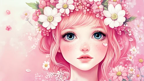 Pink haired girl with floral crown in soft pastel tones.