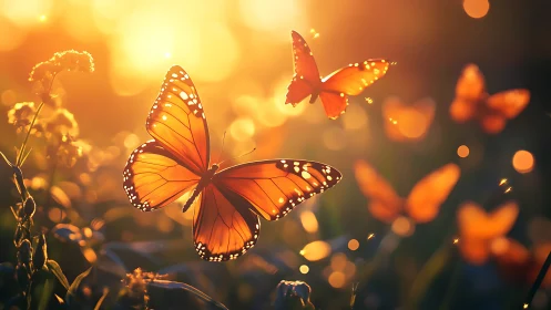 Golden sunset butterflies drifting through glowing garden.