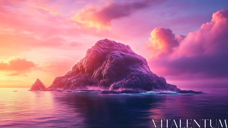 Chromatic Island Emergence: Surreal Seascape at Golden Hour.