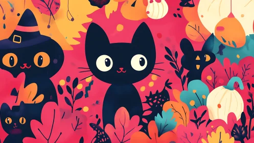 Black cats amid autumn foliage and pumpkins in warm color palette