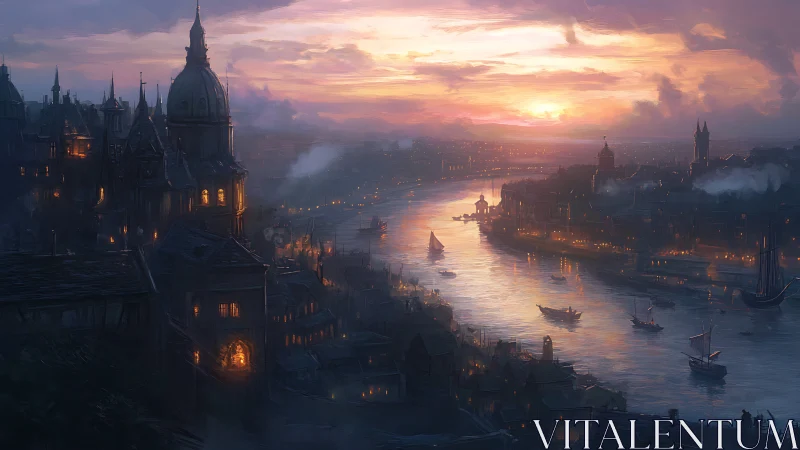 Sunlit medieval river city under glowing dusk sky.