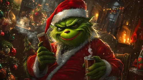 Digital painting portrait of grinning green Santa figure indoors.