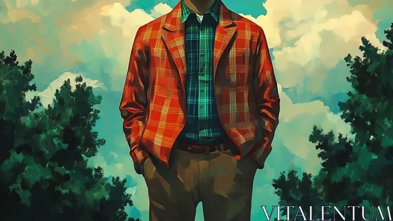 Man in plaid jacket standing outdoors amid trees and sky.